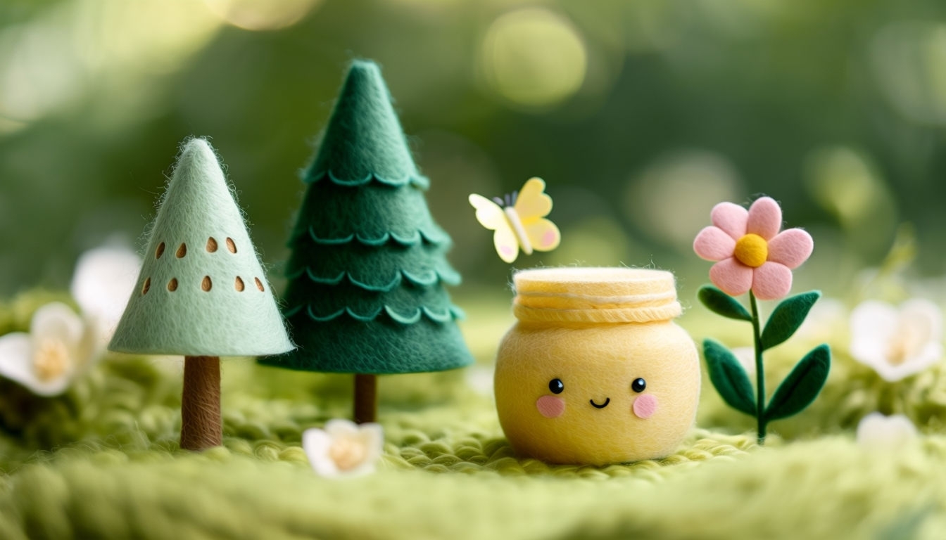 Whimsical Felt Landscape with Smiling Jar Virtual Background