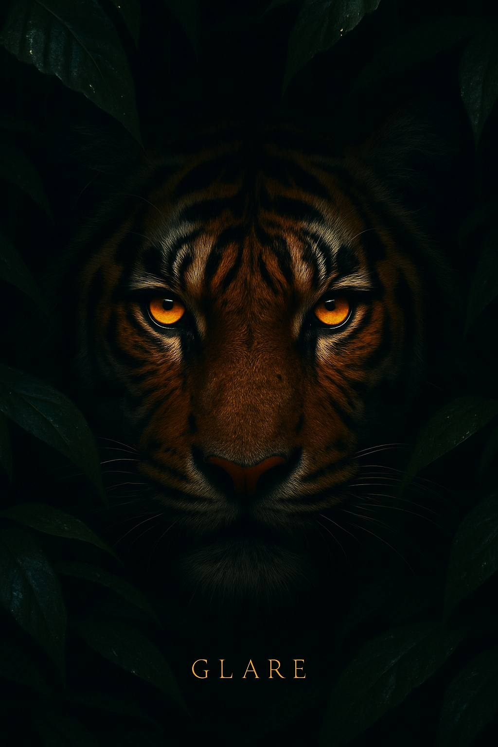 Intense Close-Up of Tiger's Face with Dramatic Lighting Poster