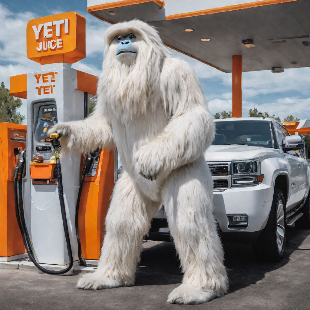 A white yeti with orange juice at a gas station by Pablo Barto - Playground