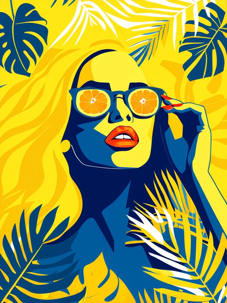 Vibrant Pop Art Woman Portrait with Tropical Leaves Illustration Art