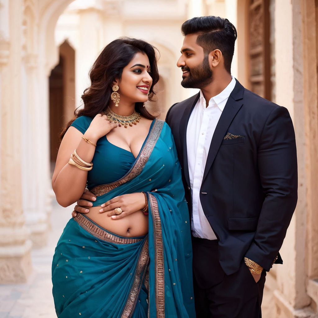 Indian Hindu sanskari curvy chubby bbw aunty showing naval tummy in saree.  She is standing with a man