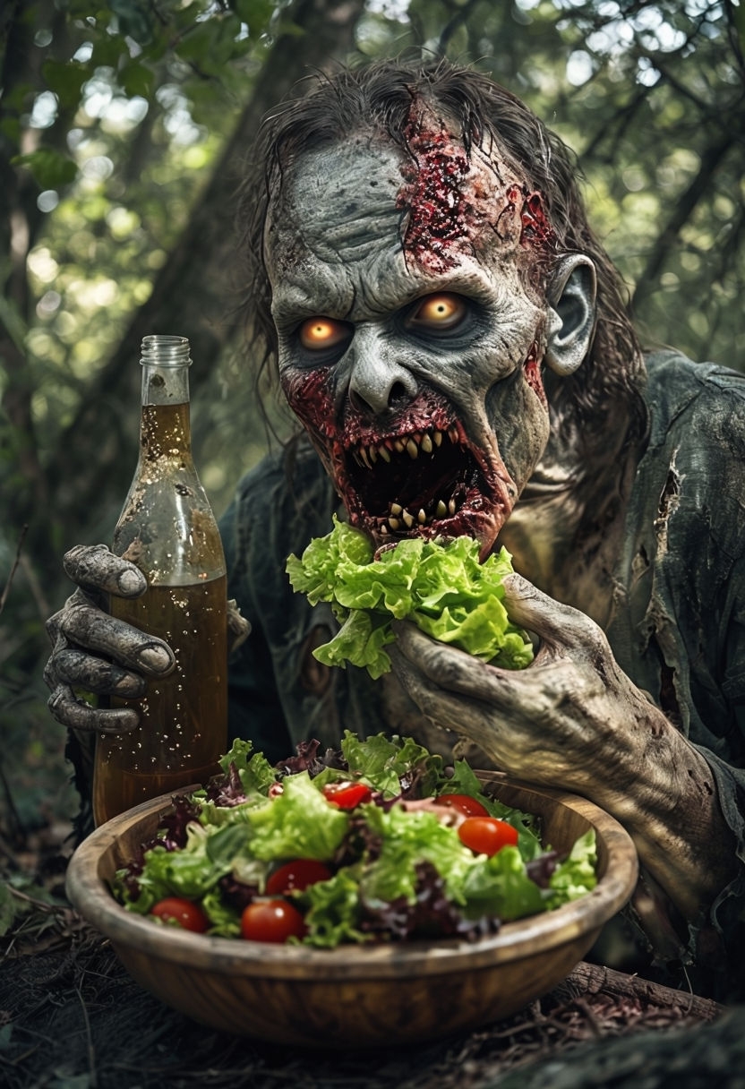 Grotesque Zombie with Salad in the Forest Horror Art Poster