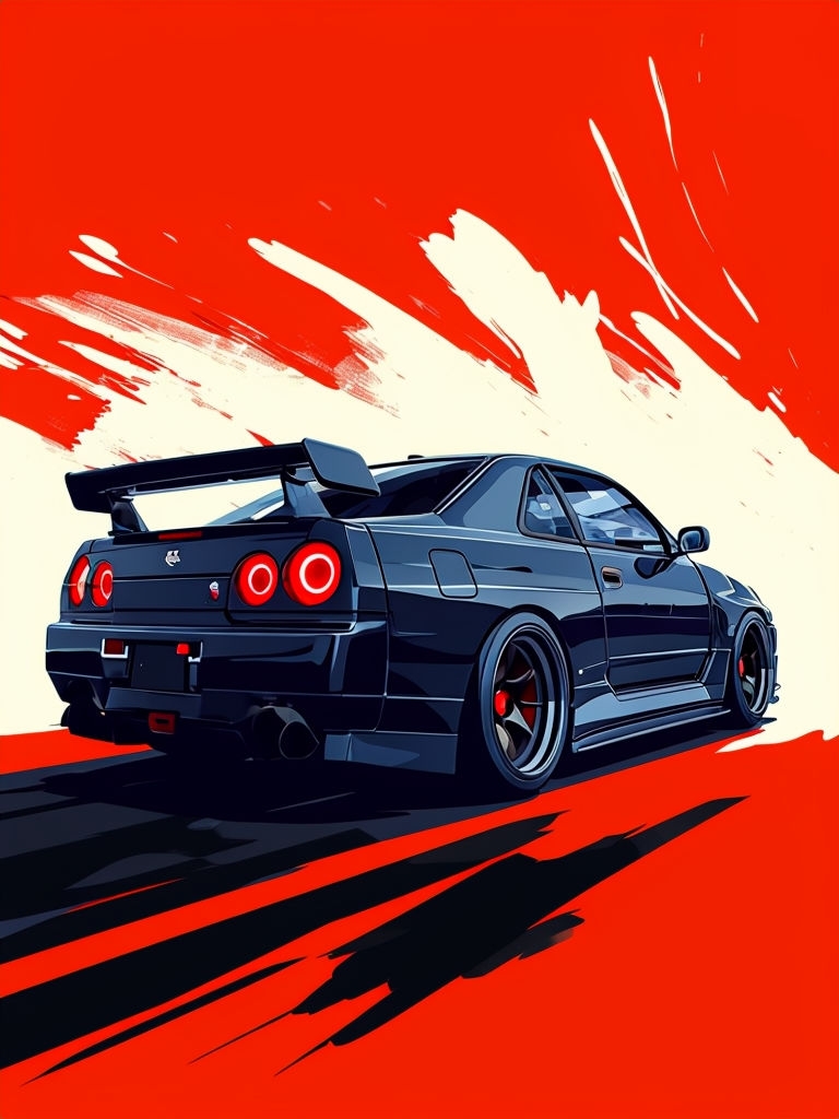 Sleek Black Sports Car Illustration with Striking Red Background Poster