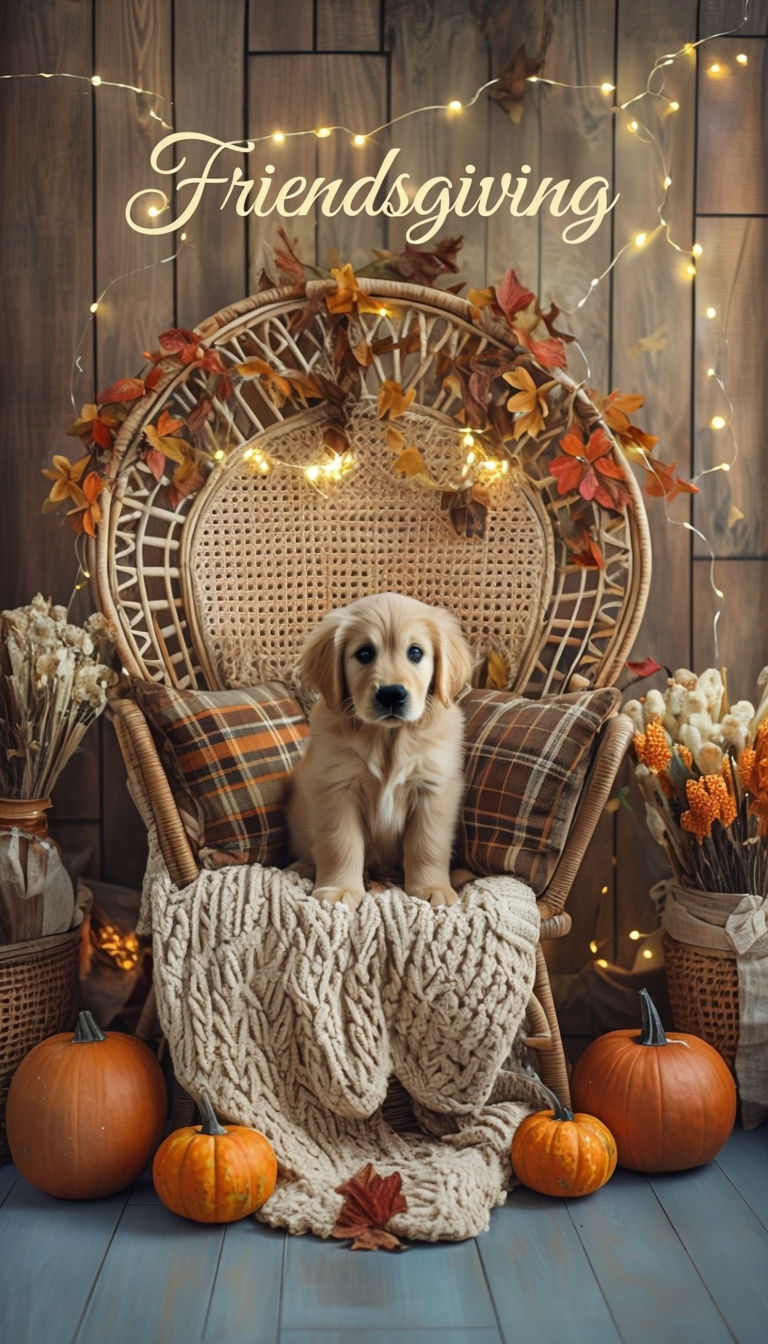 Cozy Friendsgiving Celebration with Puppy and Autumn Decor Poster