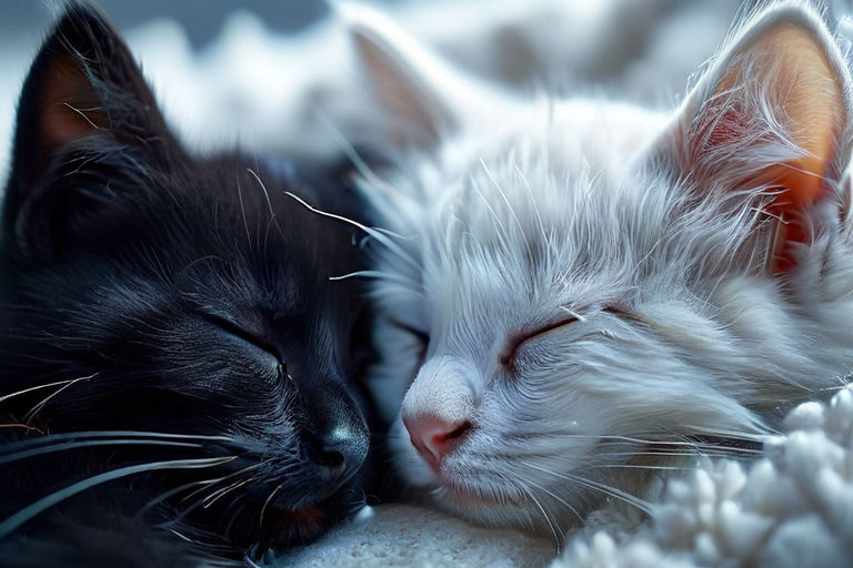 A black kitten and a white kitten embrace each other and fal... by 김인호