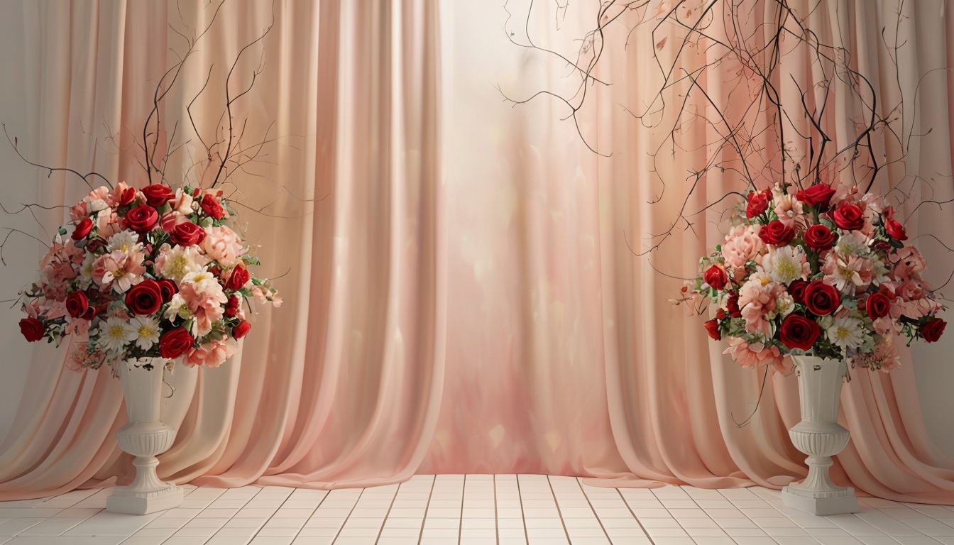 Romantic Pale Pink Curtain Backdrop with Floral Arrangements Virtual Background