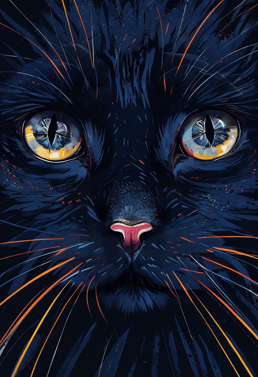 Captivating Close-Up Black Cat Face Digital Art Illustration