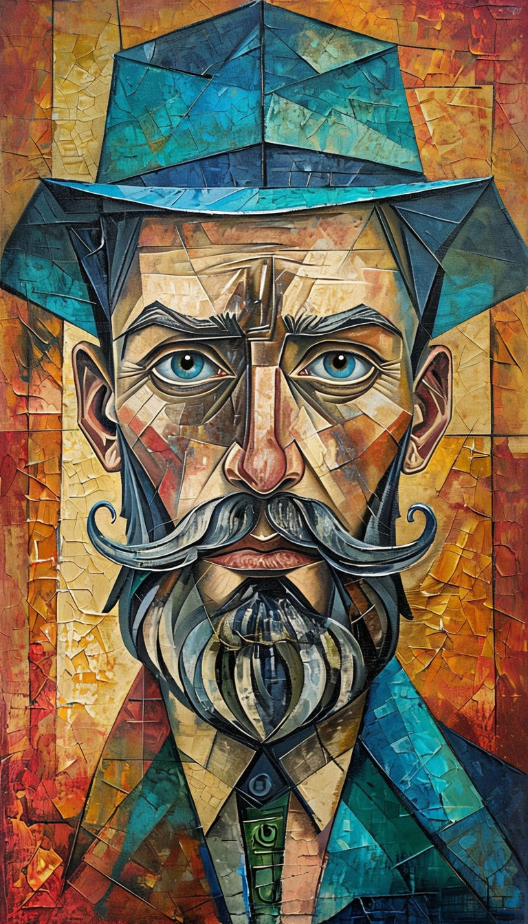 Dramatic Cubist Portrait of a Man with Geometric Hat Art