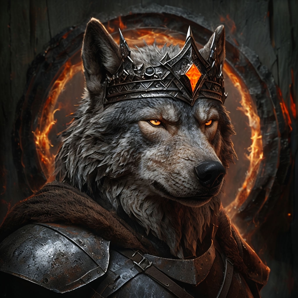Regal Anthropomorphic Wolf Portrait with Fiery Background Art