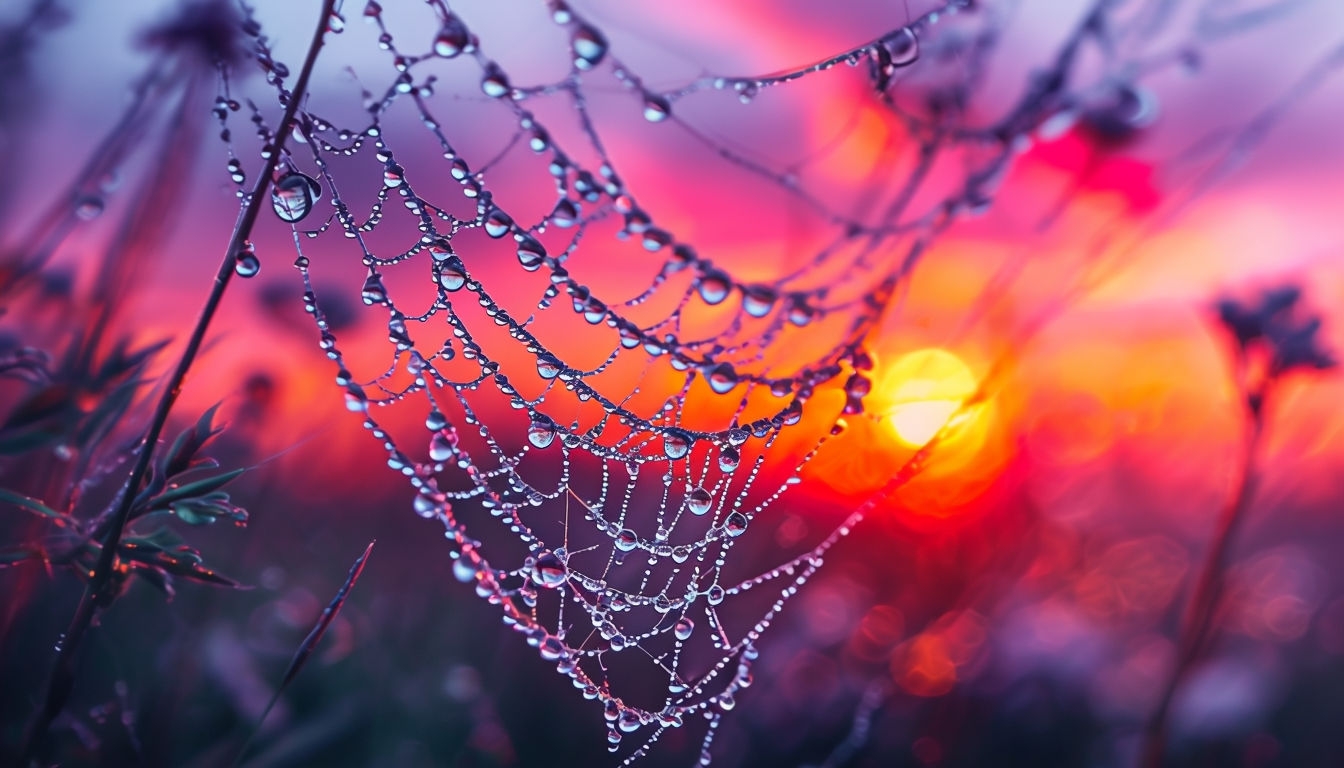 Magical Sunrise Dew Drops on Spider Web Macro Photograph Virtual Backgrounds