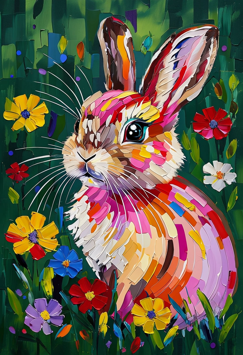 Vibrant Impressionistic Bunny Surrounded by Colorful Flowers Art