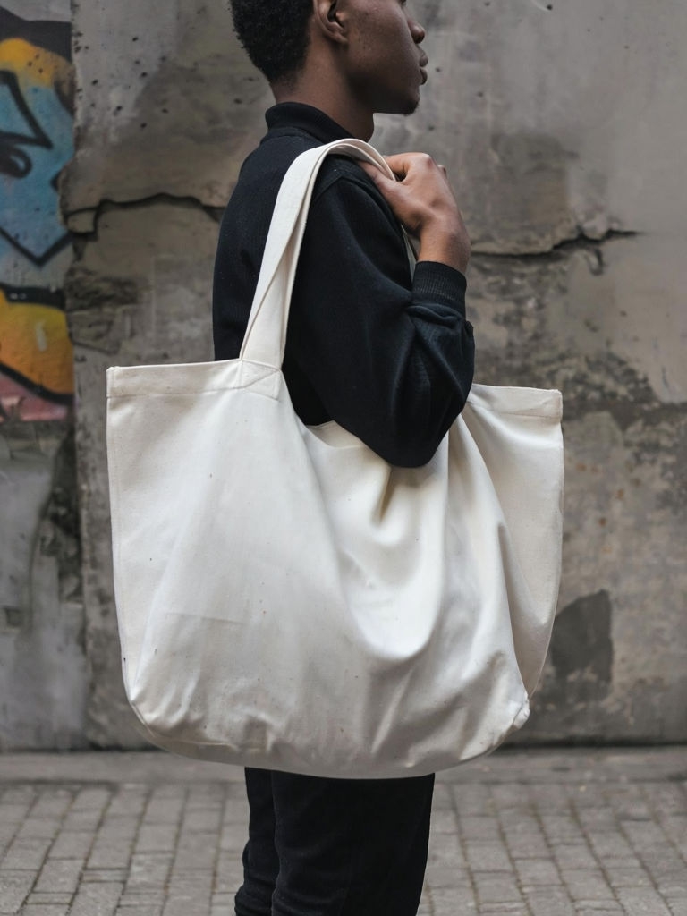 Urban Profile Shot with Canvas Tote Bag Fashion Mockup