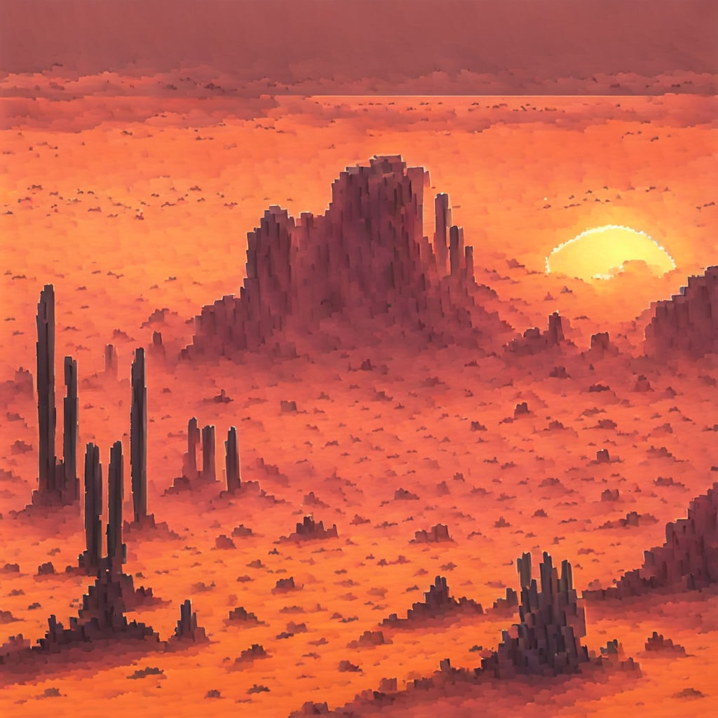 Pixel art of desert with high flat plateau and orange sky by Draumur ...