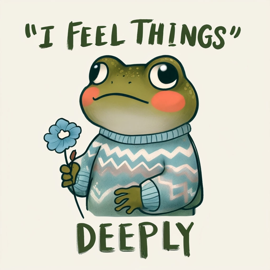 Whimsical Frog Holding Flower with I Feel Things Text T-Shirt