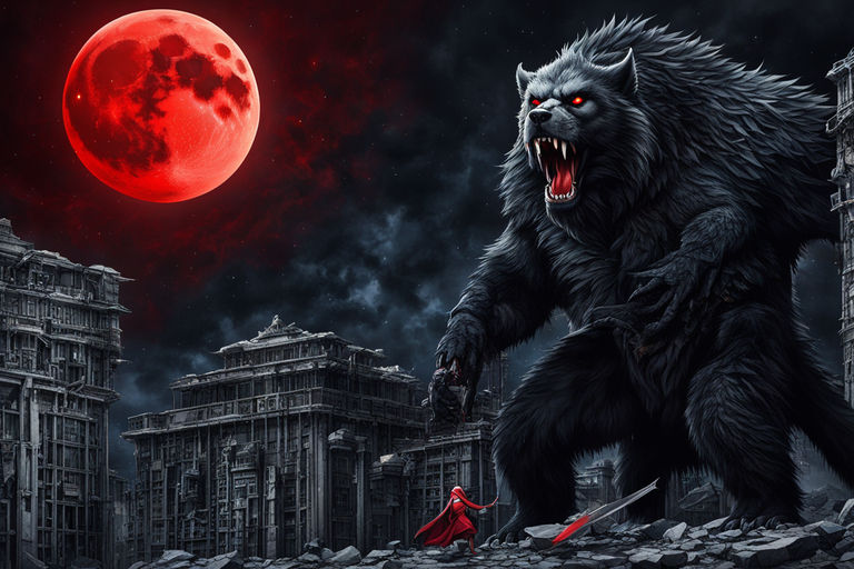 A beast destroying a building under a red moon and scared pe... by ...