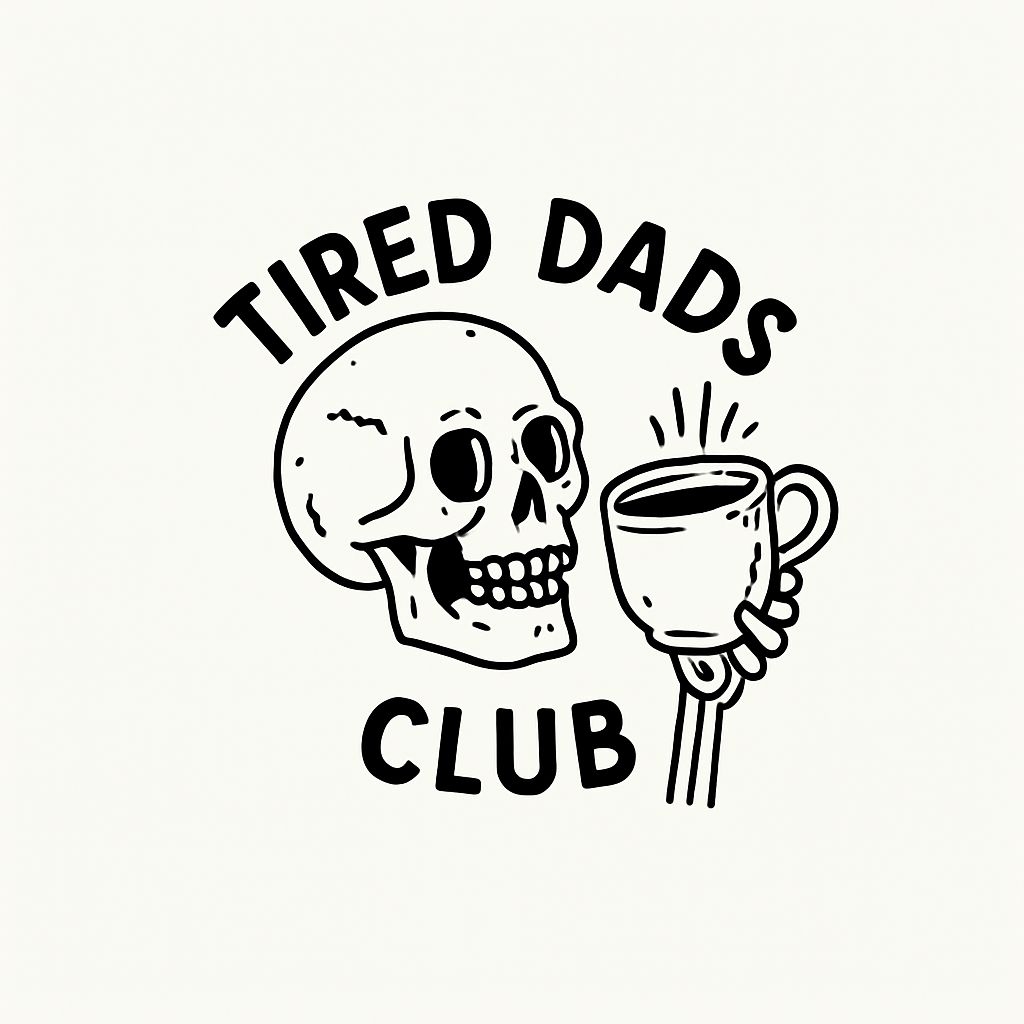 Whimsical Tired Dads Club Skull and Coffee Mug Design