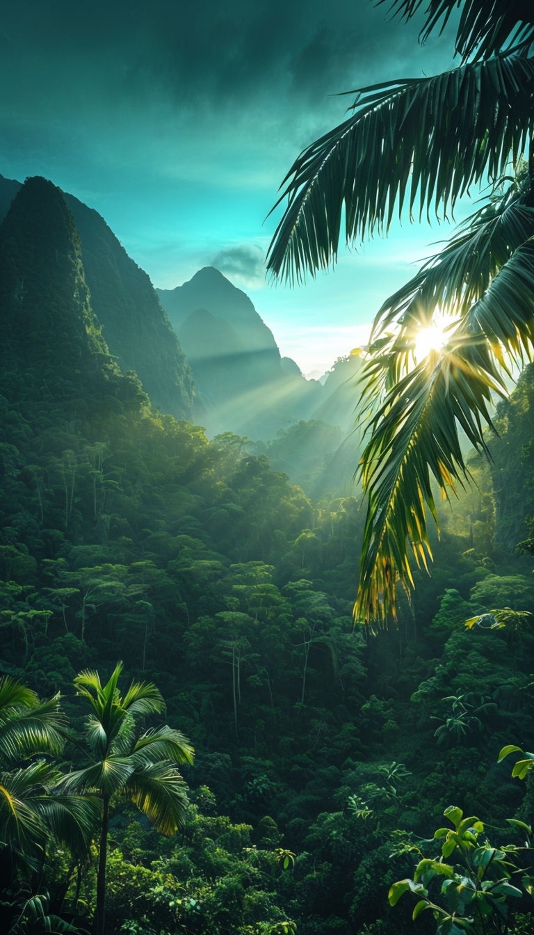 Tropical Rainforest Sunrise Landscape with Palm Fronds Mobile Wallpaper