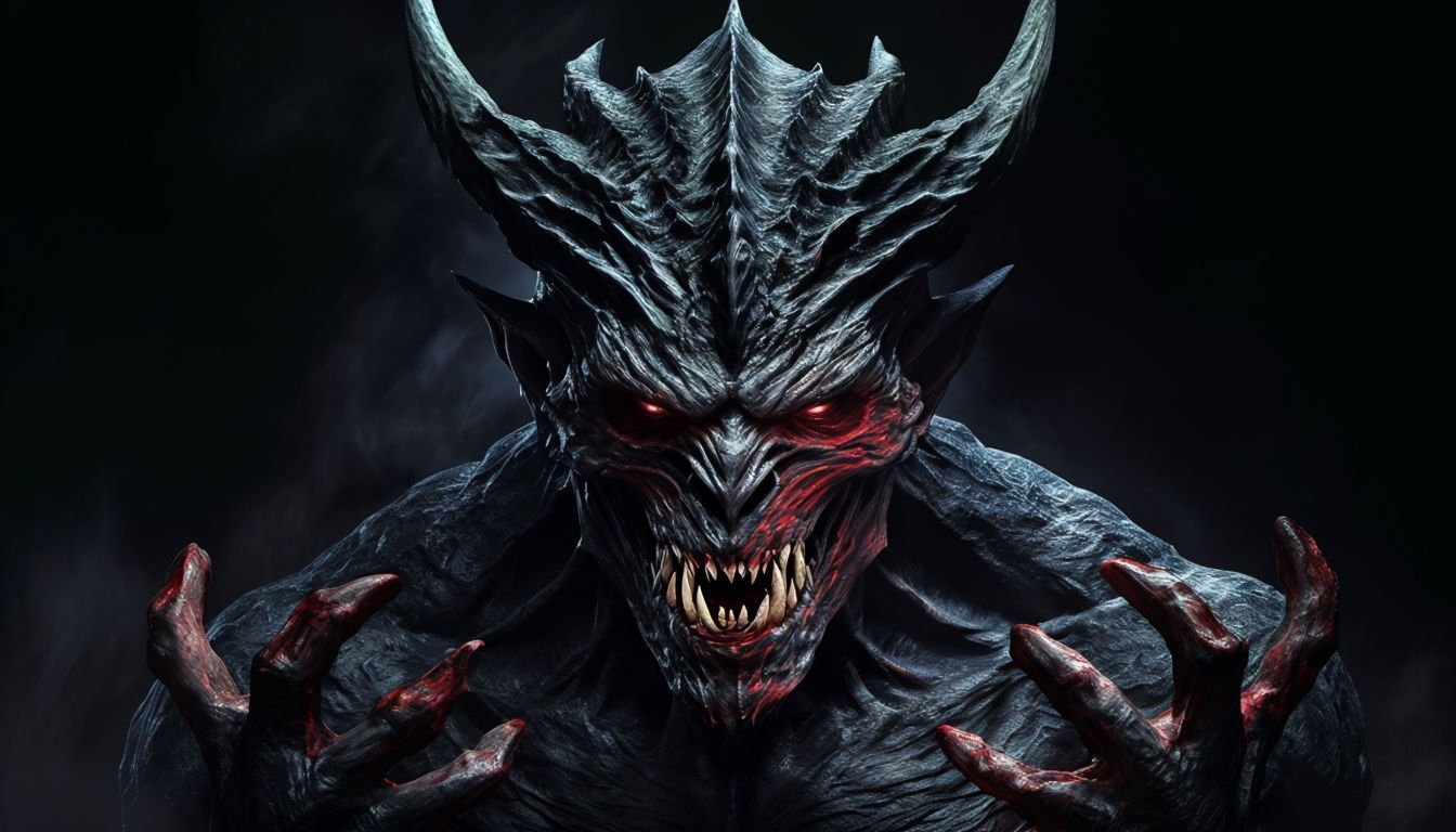 Menacing Demon Emerging from Shadows Dark Fantasy Background