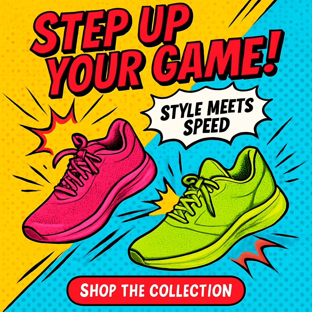 Vibrant Pop Art Sneaker Advertisement with Bold Colors and Text Ads