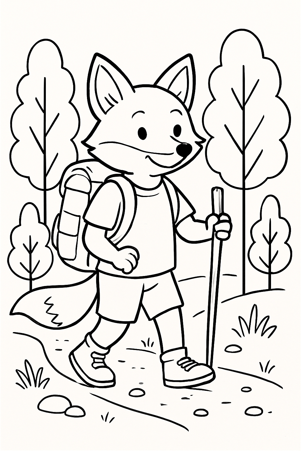 Cheerful Hiking Fox Character Illustration for Coloring Book Pages