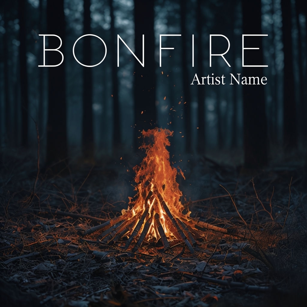 Warm Bonfire in Dark Forest with Minimalist Typography Spotify Album Cover