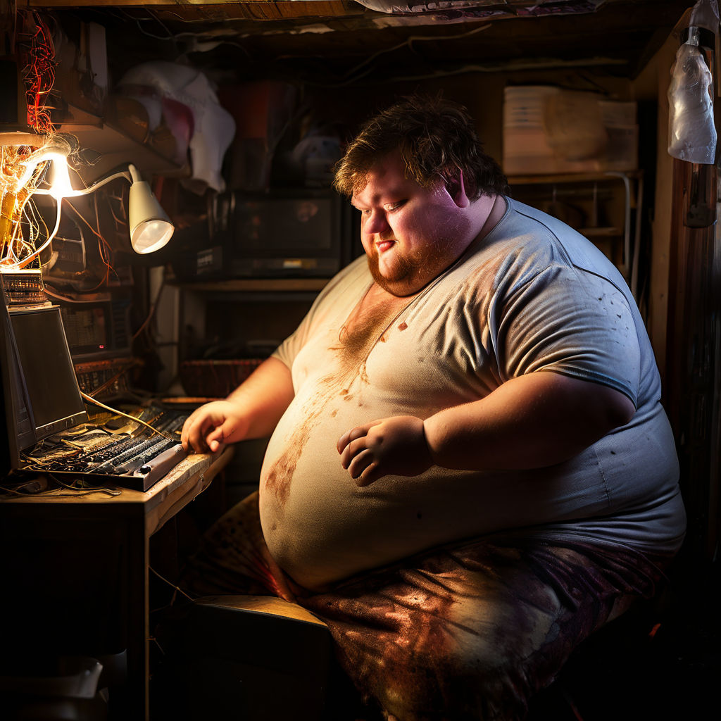 A ugly fat male sitting on a computer