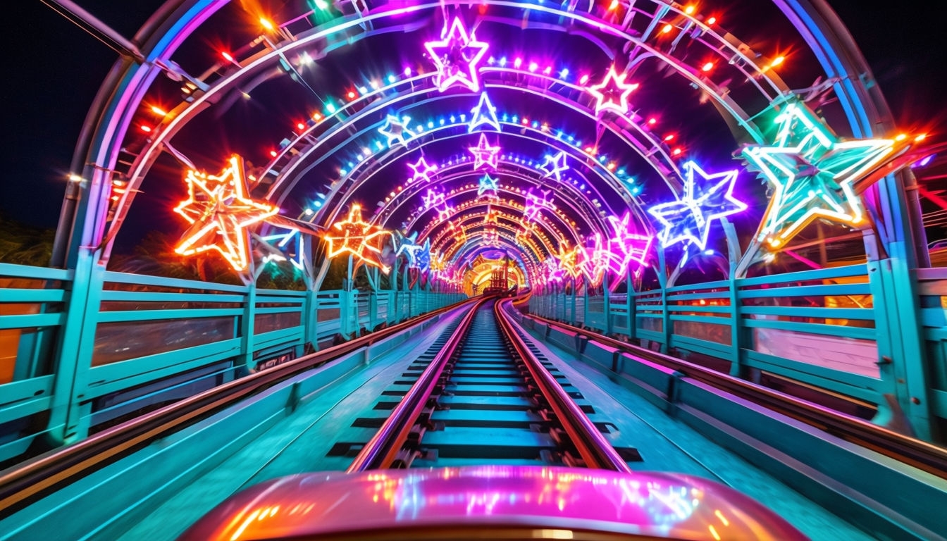 Vibrant Nighttime Roller Coaster Ride Photograph Poster