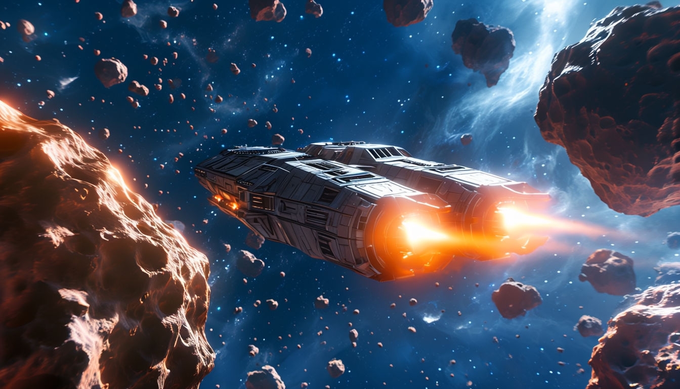Futuristic Spaceship Navigating Asteroid Field Virtual Background