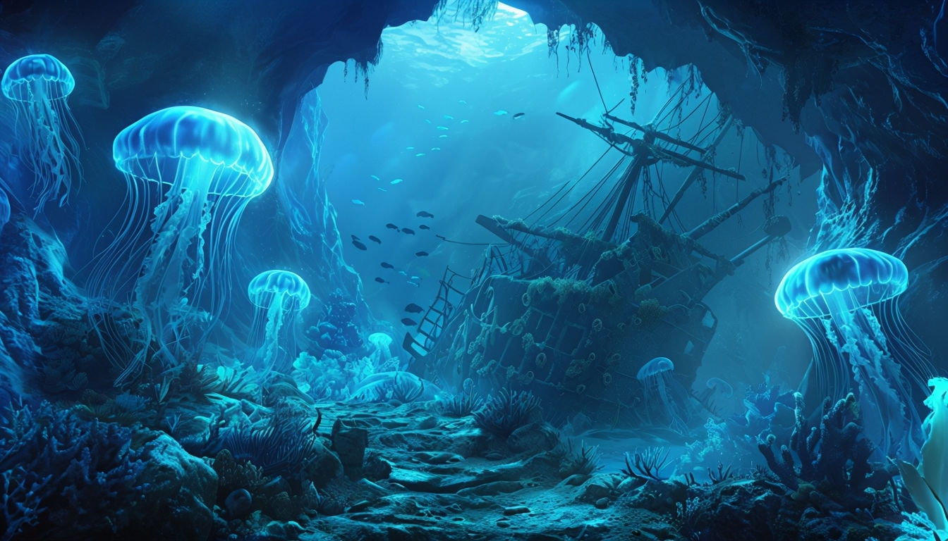 Eerie Underwater Fantasy Scene with Glowing Jellyfish Background
