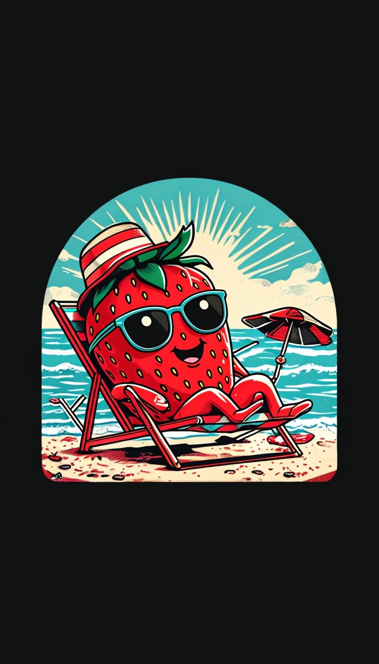 Cheerful Strawberry Character on Beach Chair Art