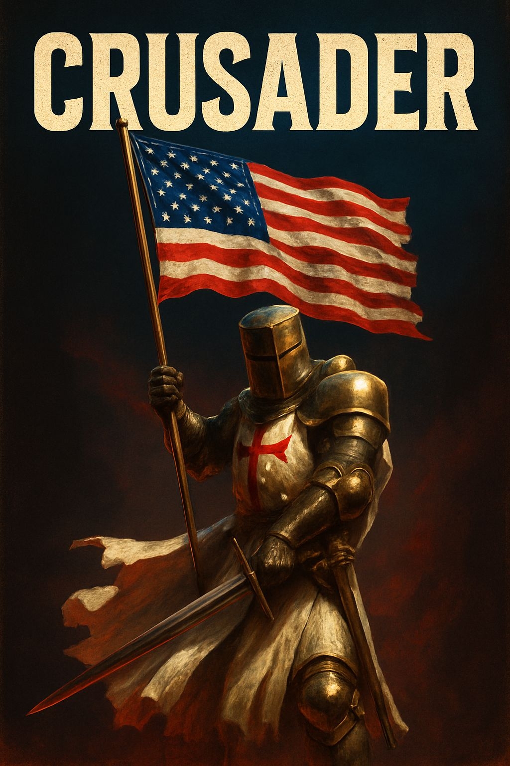 Heroic Medieval Crusader with Vintage American Flag Poster