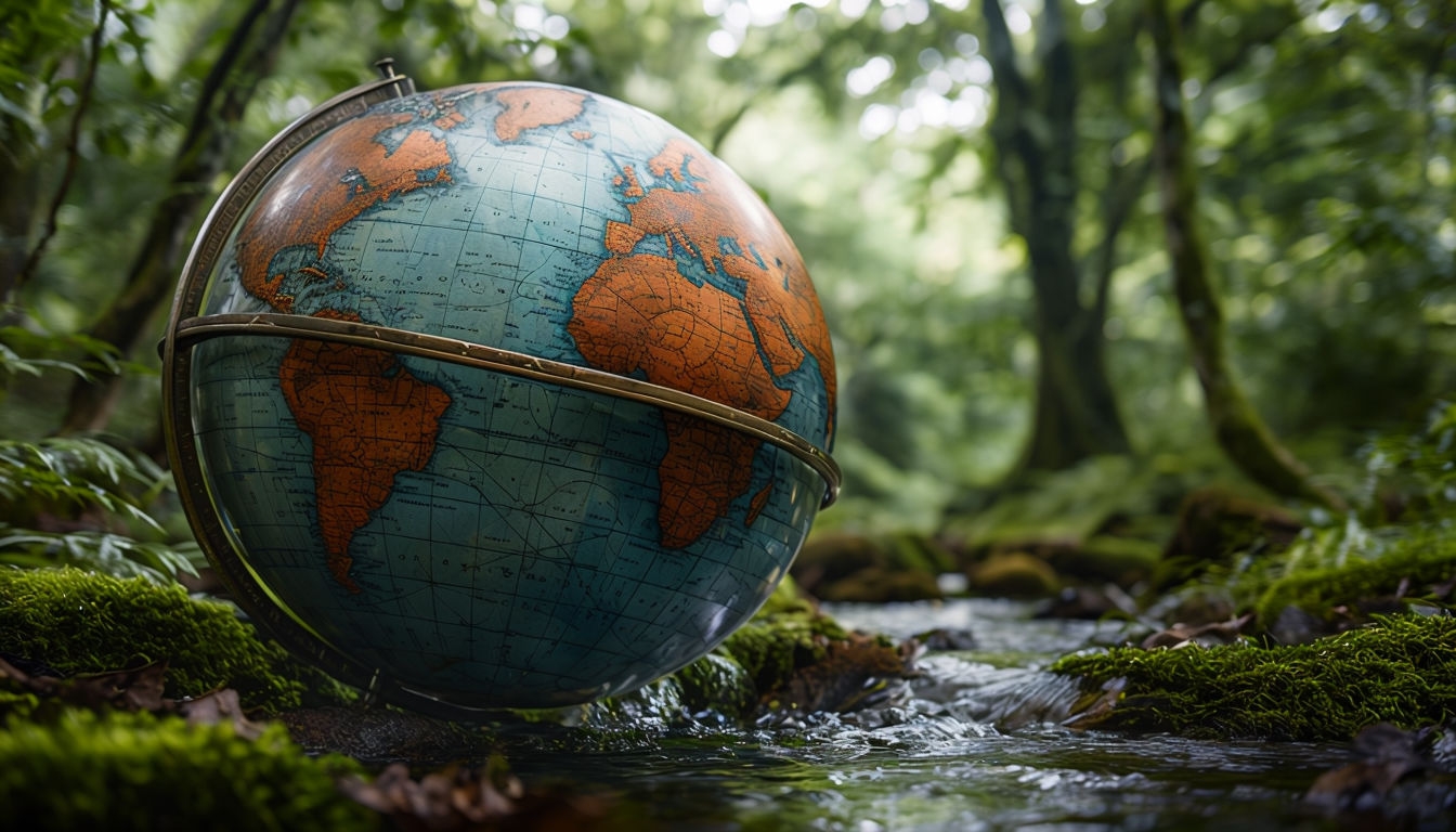 Vintage Globe Surrounded by Nature in Tranquil Forest Scene Virtual Backgrounds