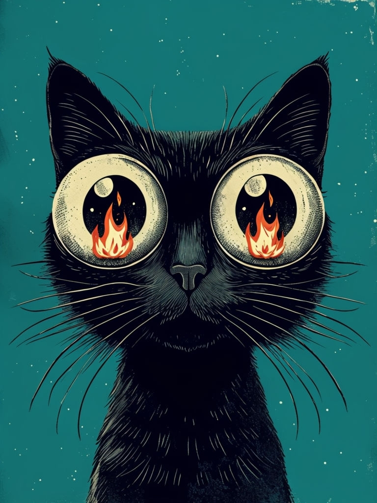 Whimsical Vintage Black Cat Illustration with Eerie Flames Art