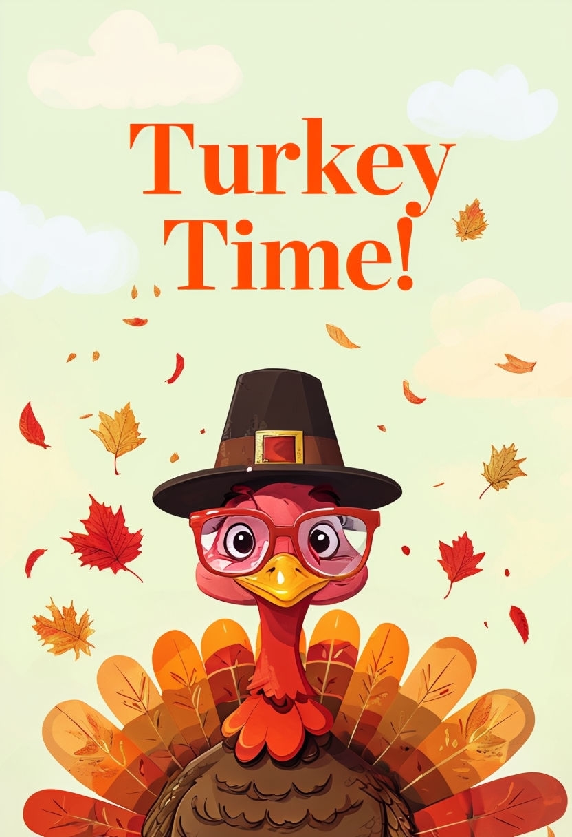 Playful Thanksgiving Turkey Time Card with Pilgrim Hat and Spectacles