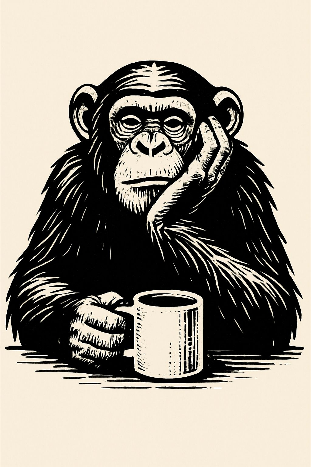 Thoughtful Chimpanzee with Coffee in Woodcut Style T-shirt