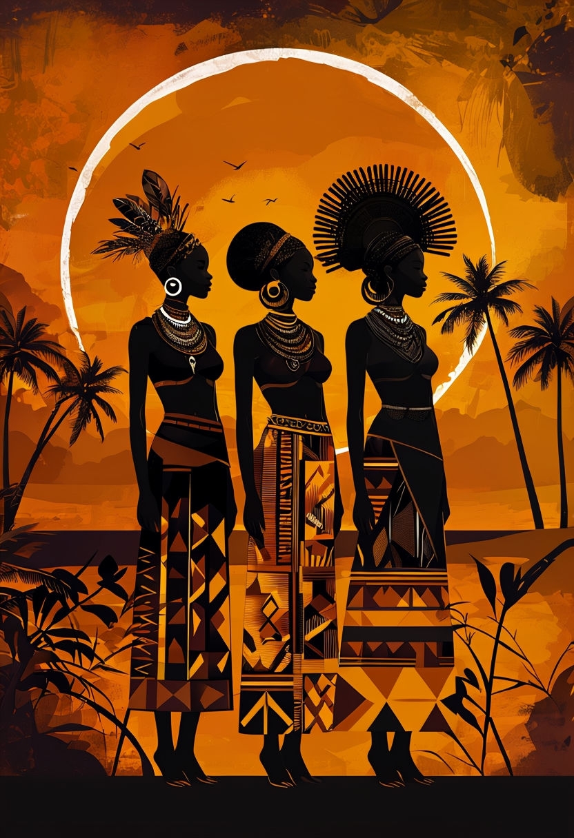 Elegant Silhouettes of Women in Traditional African Attire Art