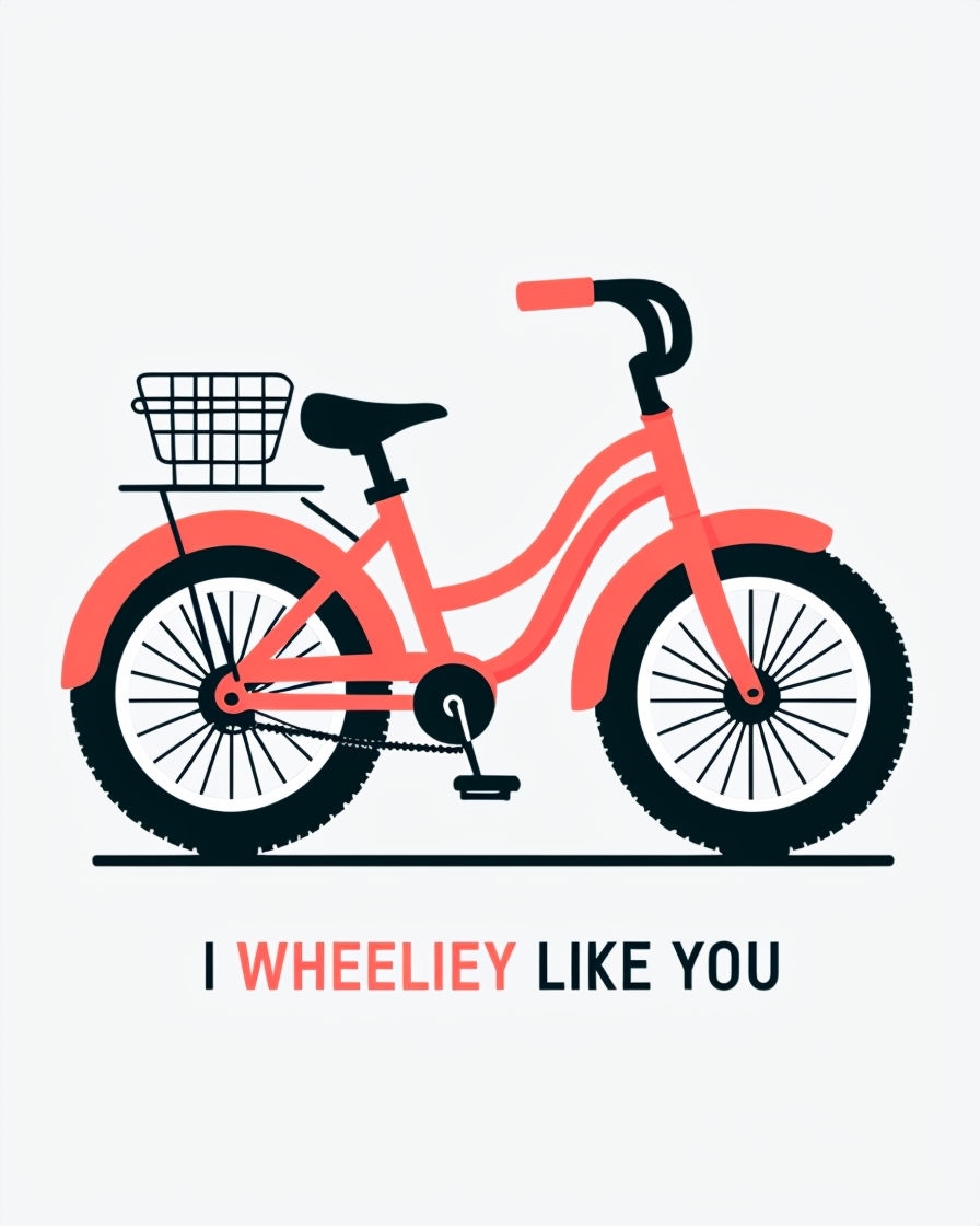 Coral Red Bicycle with Playful 'I Wheelie Like You' Text Card