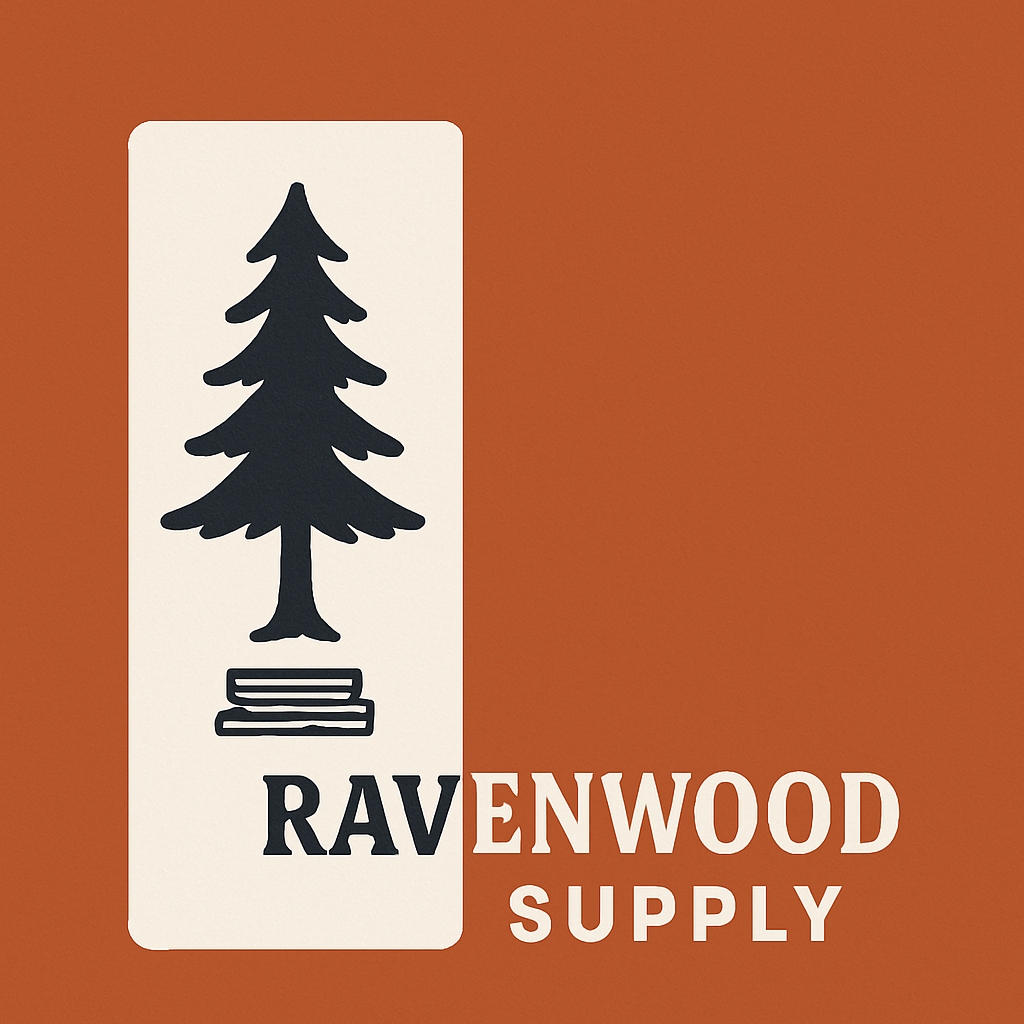 Minimalist Modern Ravenwood Supply Logo Design on Rust Background