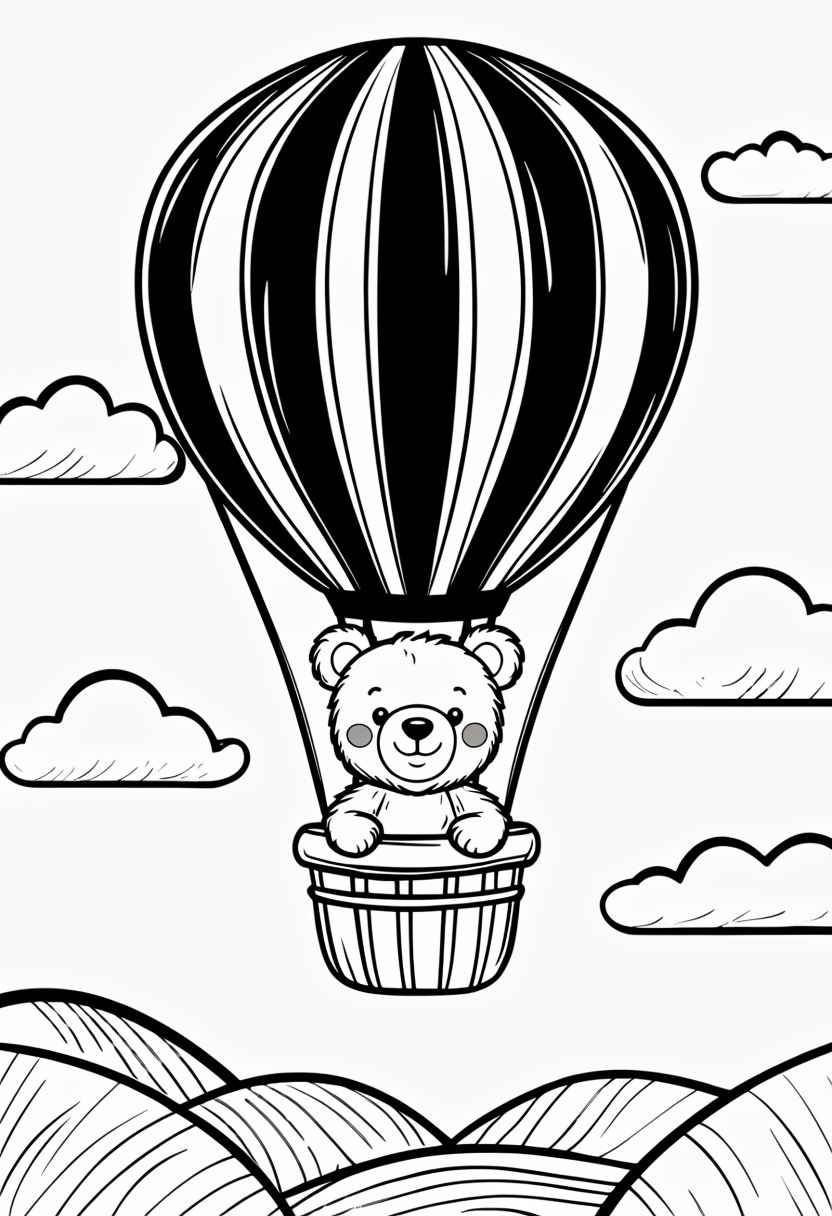 Cheerful Teddy Bear in Hot Air Balloon Cartoon Art Poster