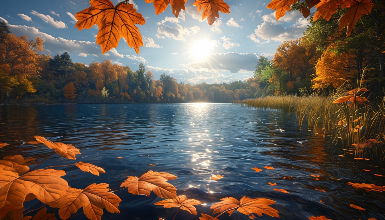 Tranquil Autumn Lake Landscape with Colorful Foliage Virtual Backgrounds