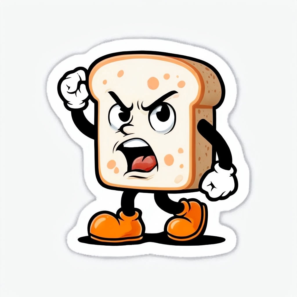 Frustrated Cartoon Bread Slice Character in Vibrant Colors Sticker