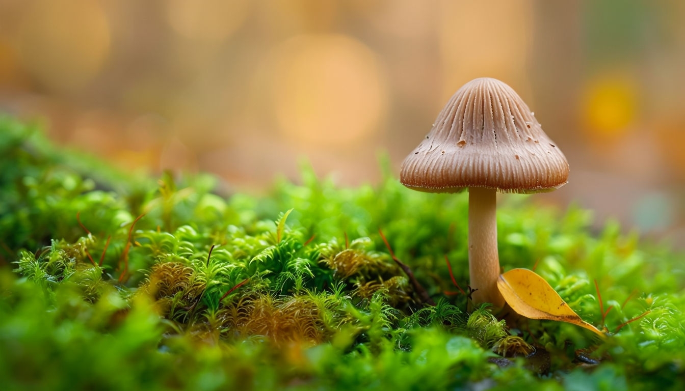 Delicate Mushroom on Vibrant Moss Nature Background Art for Virtual Backgrounds
