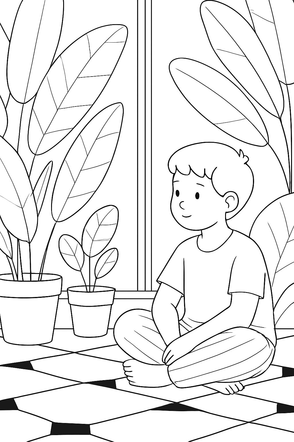 Serene Indoor Scene with Young Boy and Potted Plants Coloring Book Page