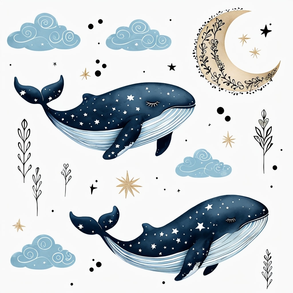 Whimsical Cartoon Whales and Celestial Elements Seamless Pattern