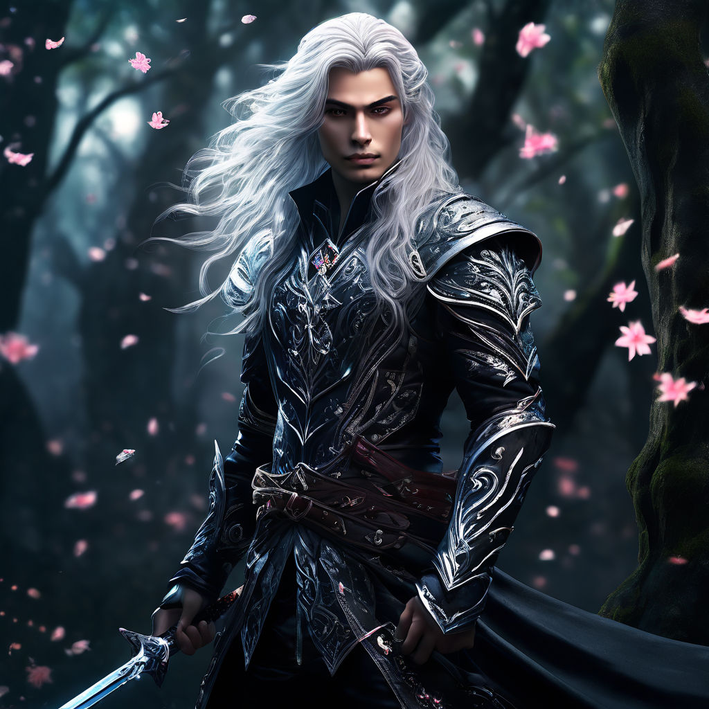 An anime character samurai with long white hair and red eyes