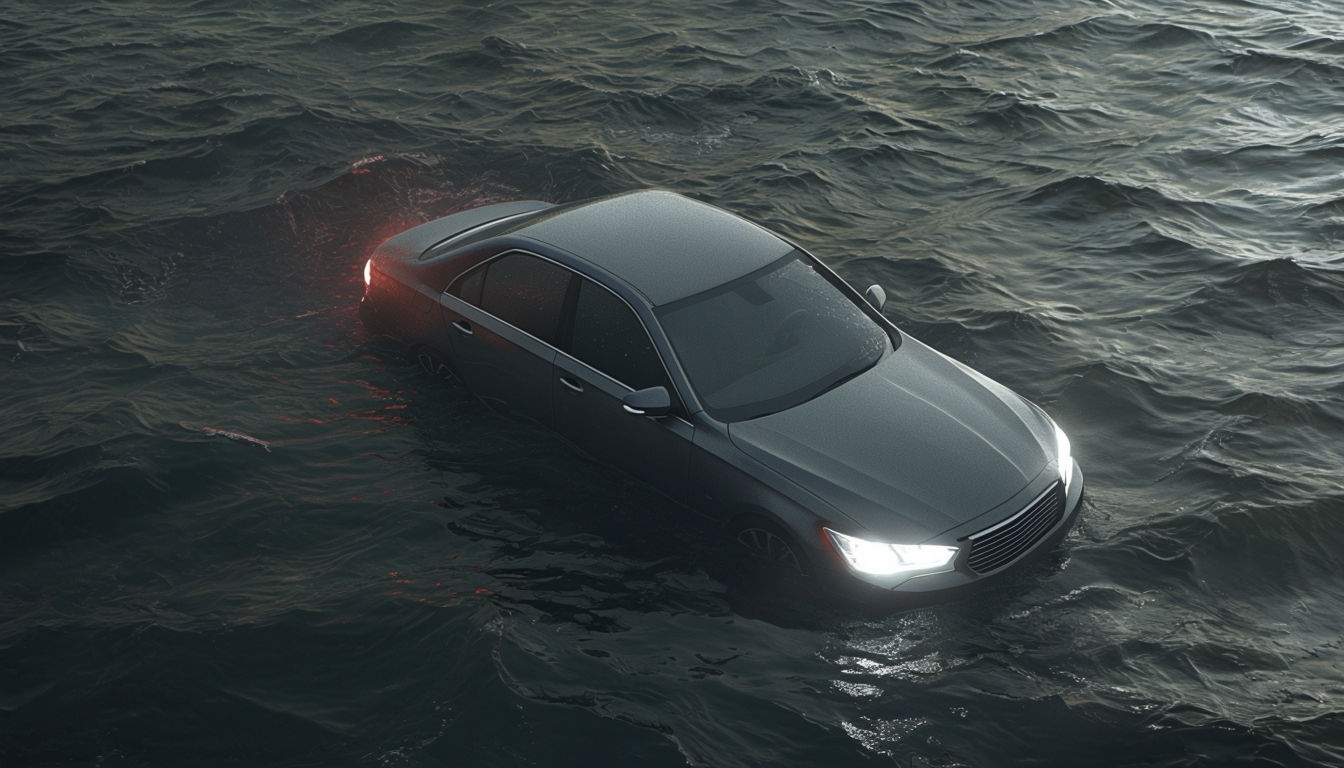 Eerie Dark Sedan in Water with Ghostly Headlights Virtual Background