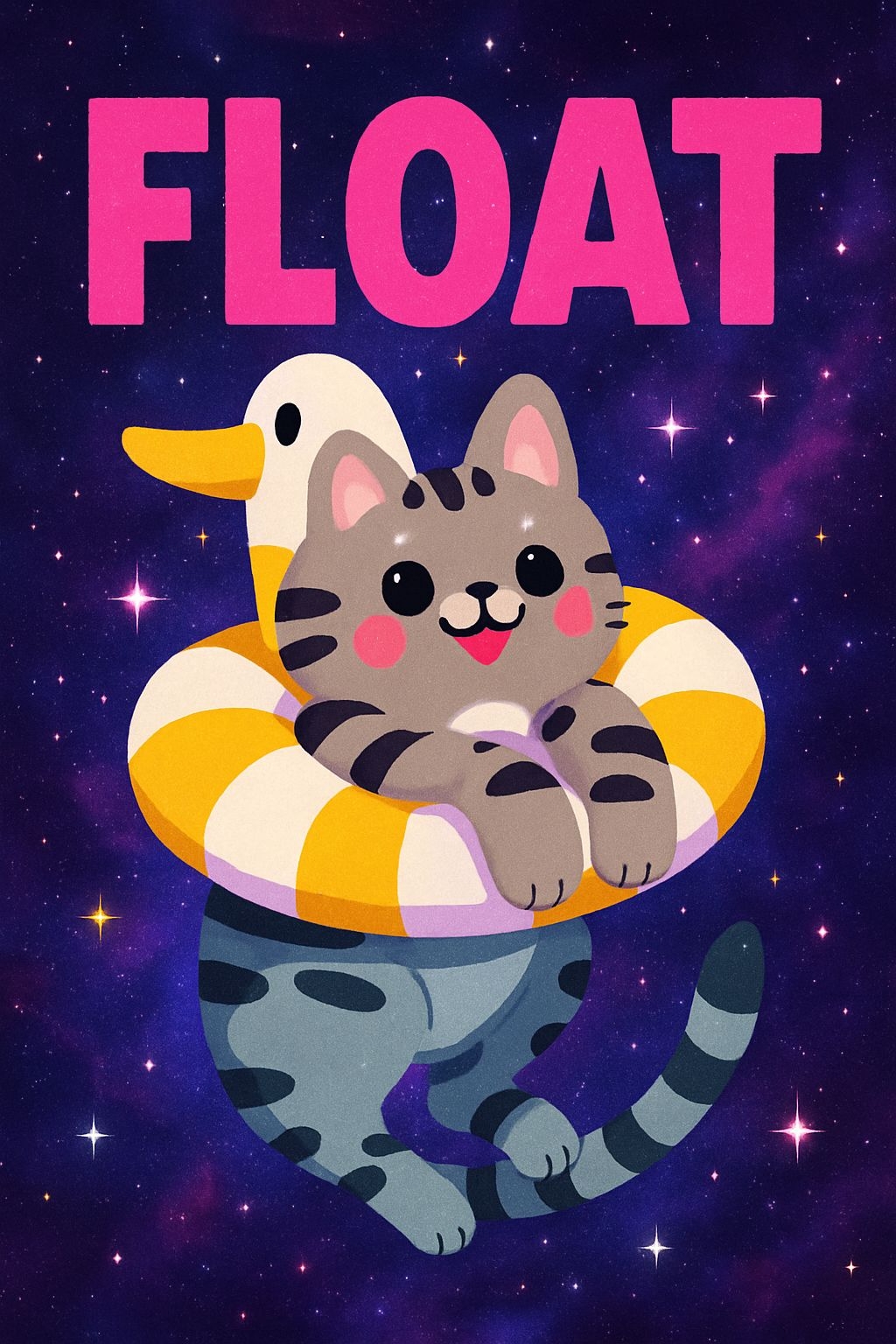 Adorable Gray Tabby Kitten Floating in Cosmic Space Poster