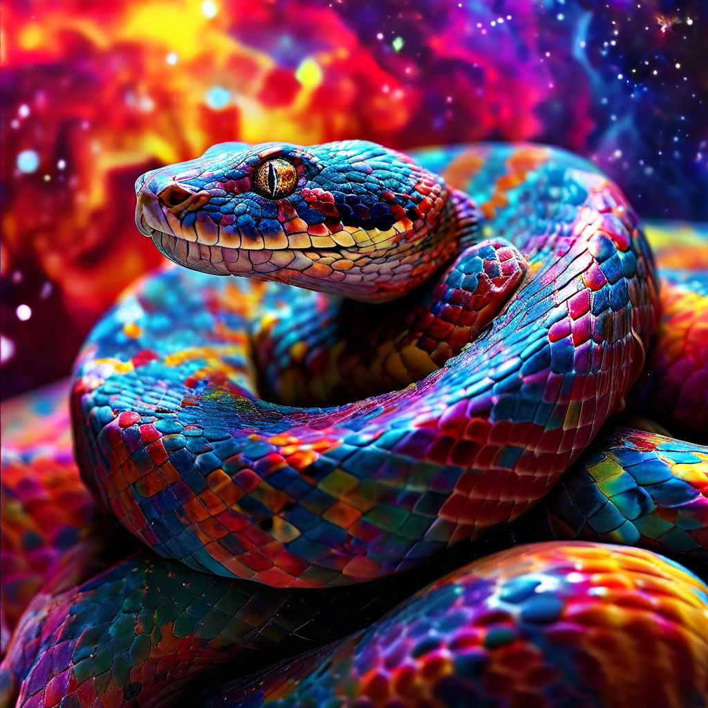 Ball pythons amidst a vibrant color explosion against a cosm... by JDI ...