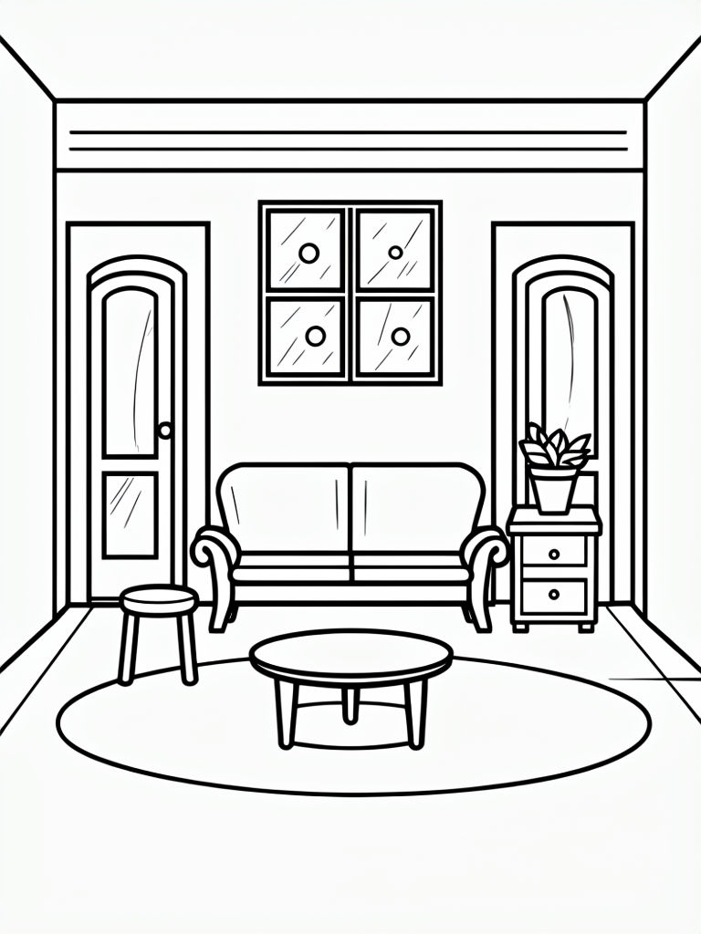 Minimalistic Black and White Interior Room Line Drawing Coloring Book Pages