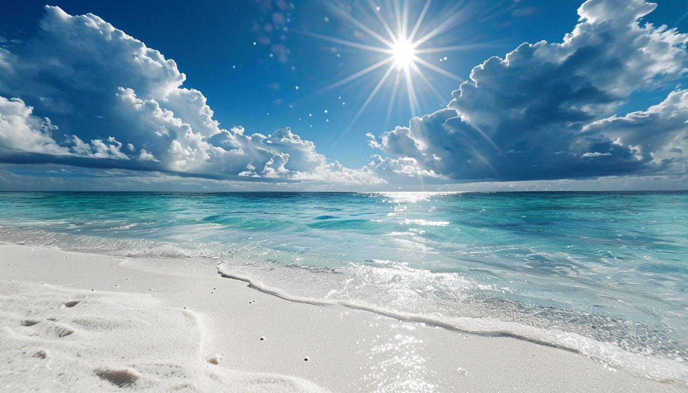 Serene Beach Scene with Turquoise Water and Fluffy Clouds Virtual Background